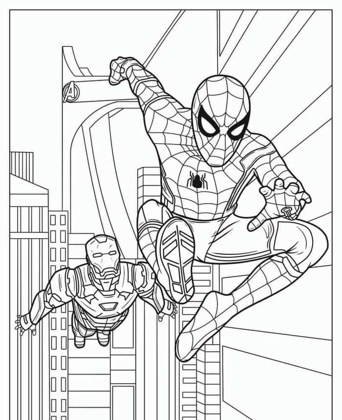 Tranh tô màu người nhện đứng cùng Iron Man, sẵn sàng chiến đấu