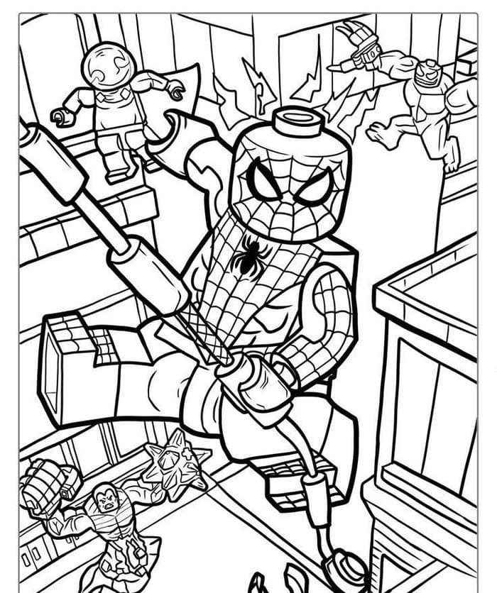 Tranh tô màu người nhện phiên bản Lego đang đu tơ