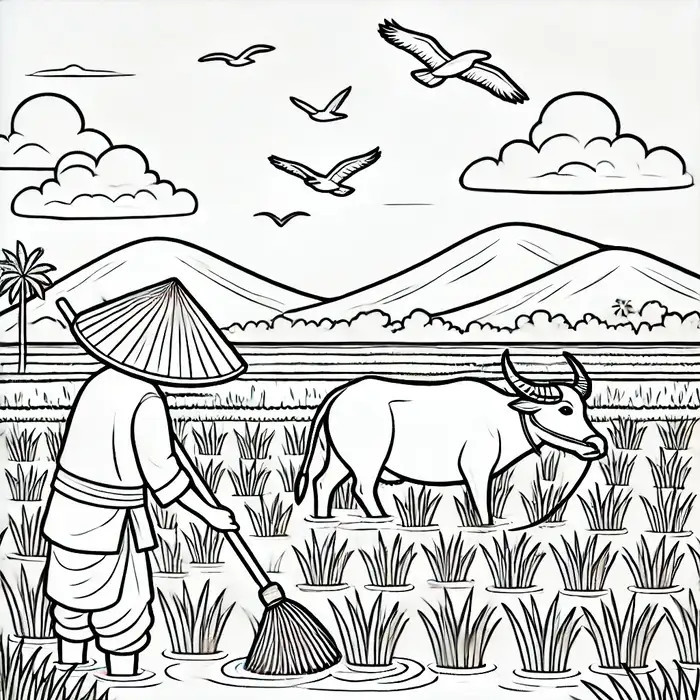 Tranh tô màu phong cảnh quê hương với mái nhà, cây đa và cánh đồng lúa