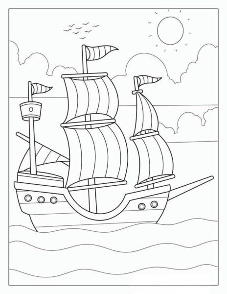 Tranh tô màu thuyền buồm với nhiều chi tiết đơn giản