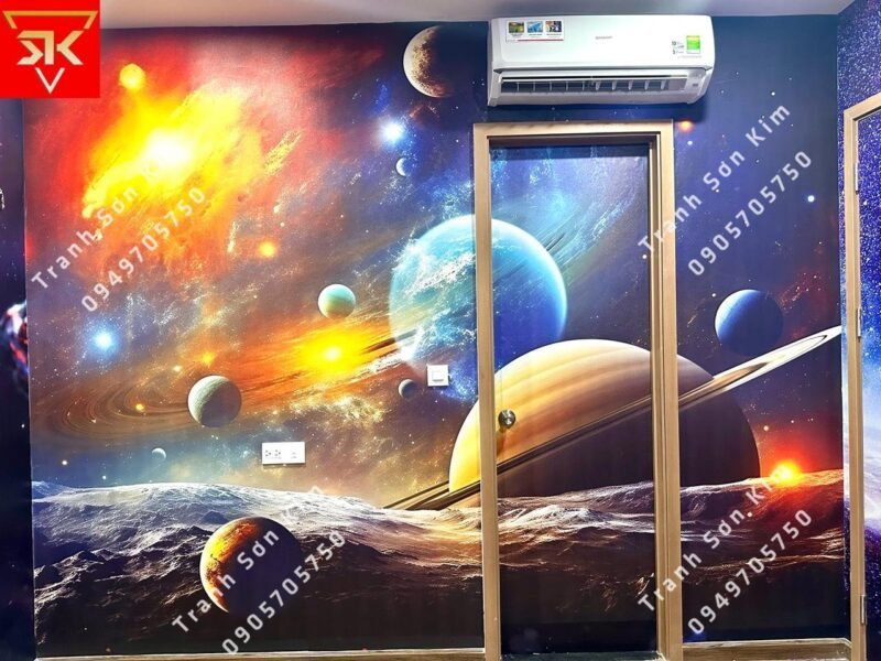 Mẫu vẽ tranh tường phòng ngủ cho bé trai chủ đề vũ trụ các hành tinh phi hành gia
