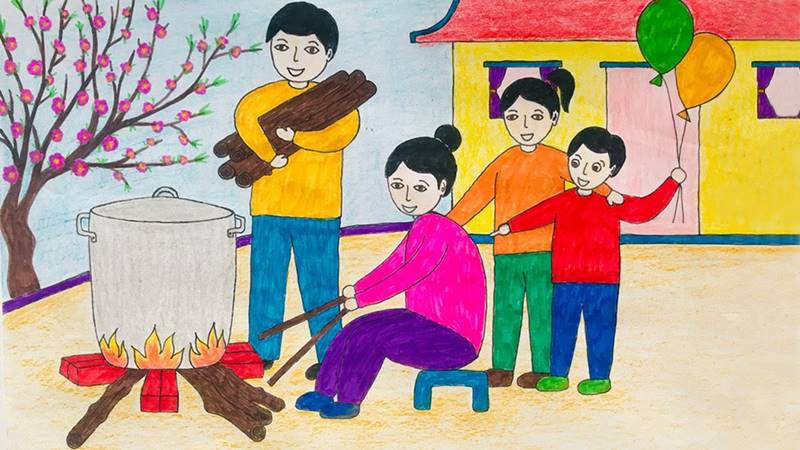 Tranh vẽ cảnh cả nhà cùng nhau trông nồi bánh chưng đêm Giao thừa