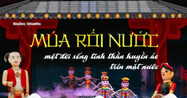 Tổng thể một bức tranh vẽ múa rối nước với nhiều nhân vật và khung cảnh sân khấu nước đặc trưng