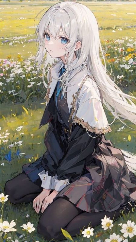 Vẻ đẹp của nàng Anime trên cánh đồng hoa cỏ xanh mát