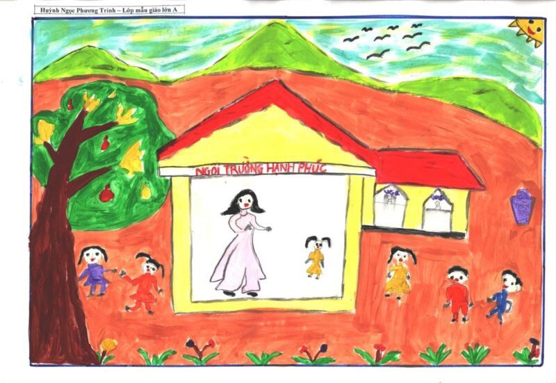 Tranh vẽ ngôi trường mơ ước của em đẹp nhất với không gian xanh mát và sân chơi rộng lớn