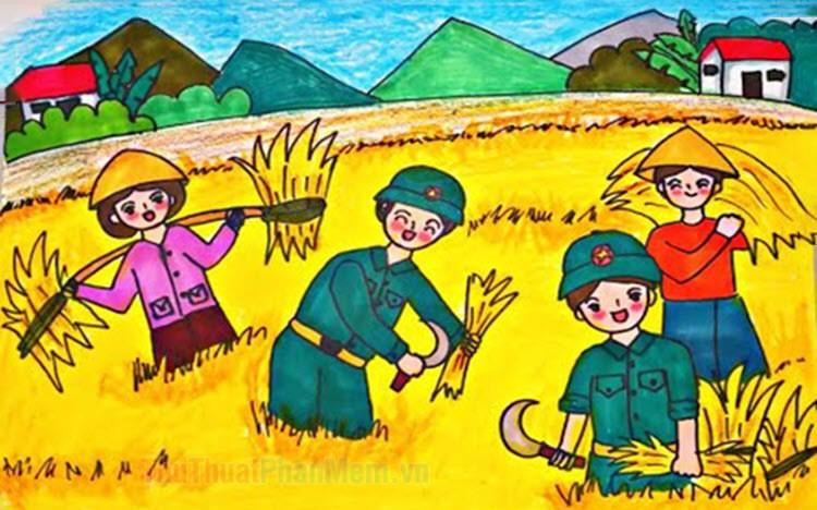 Tranh vẽ đề tài phong cảnh quê hương Việt Nam với hình ảnh người nông dân đang làm việc trên đồng ruộng gần gũi.