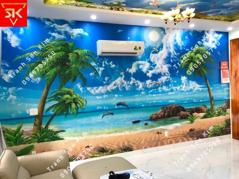 Mẫu tranh vẽ phong cảnh biển xanh cát trắng cho bé lớp 2 dễ thương và sinh động