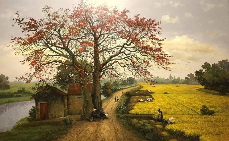 Bức tranh phong cảnh màu chì tuyệt đẹp mô tả cảnh đồng quê yên bình với cây cối và dòng sông thơ mộng