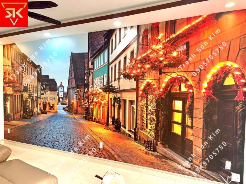 Bức tranh vẽ phong cảnh thành phố về đêm rực rỡ ánh đèn và những tòa nhà cao tầng hiện đại