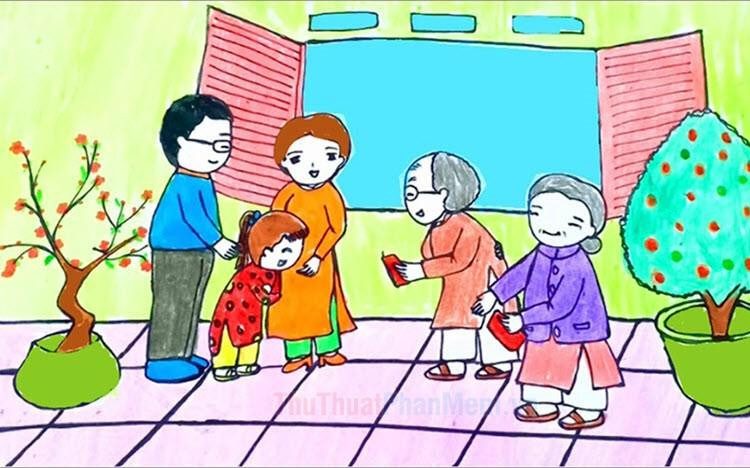 Bức tranh vẽ sinh hoạt gia đình sum vầy bên nhau trong không gian ấm cúng và ngập tràn hạnh phúc