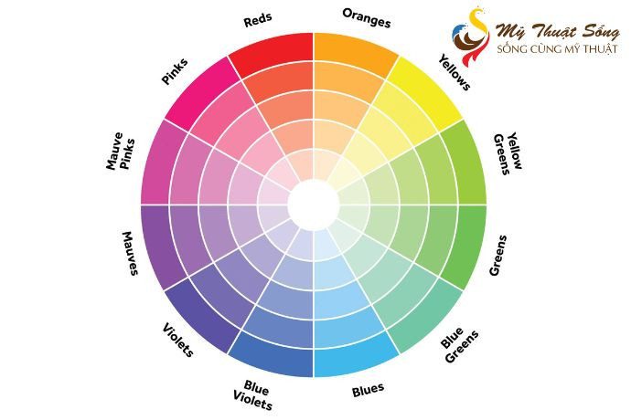 Vòng tròn màu sắc hiển thị mối quan hệ giữa các màu cơ bản, thứ cấp và bổ sung, hỗ trợ hiểu cách pha màu nước