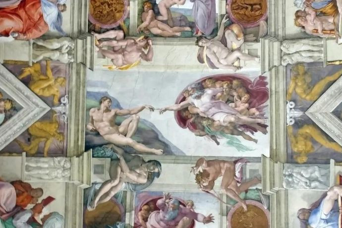 Toàn cảnh Bức tranh Chúa tạo ra Adam được vẽ trên vòm trần Nhà nguyện Sistine, Vatican.