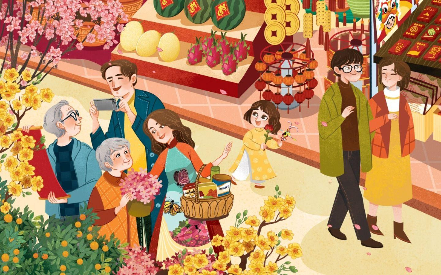 Ý tưởng vẽ tranh chợ quê ngày Tết rộn ràng bằng màu nước thể hiện không khí quê hương